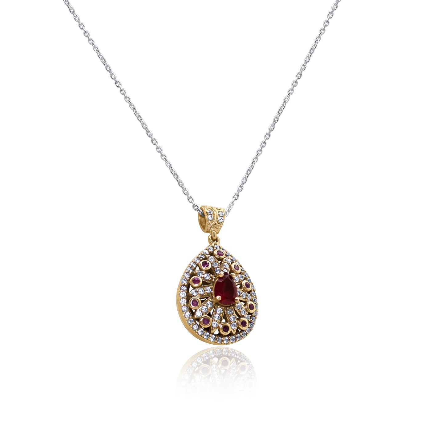 Turkeza | 925 Sterling Silver Ruby Ottoman Hand Crafted CZ Necklace