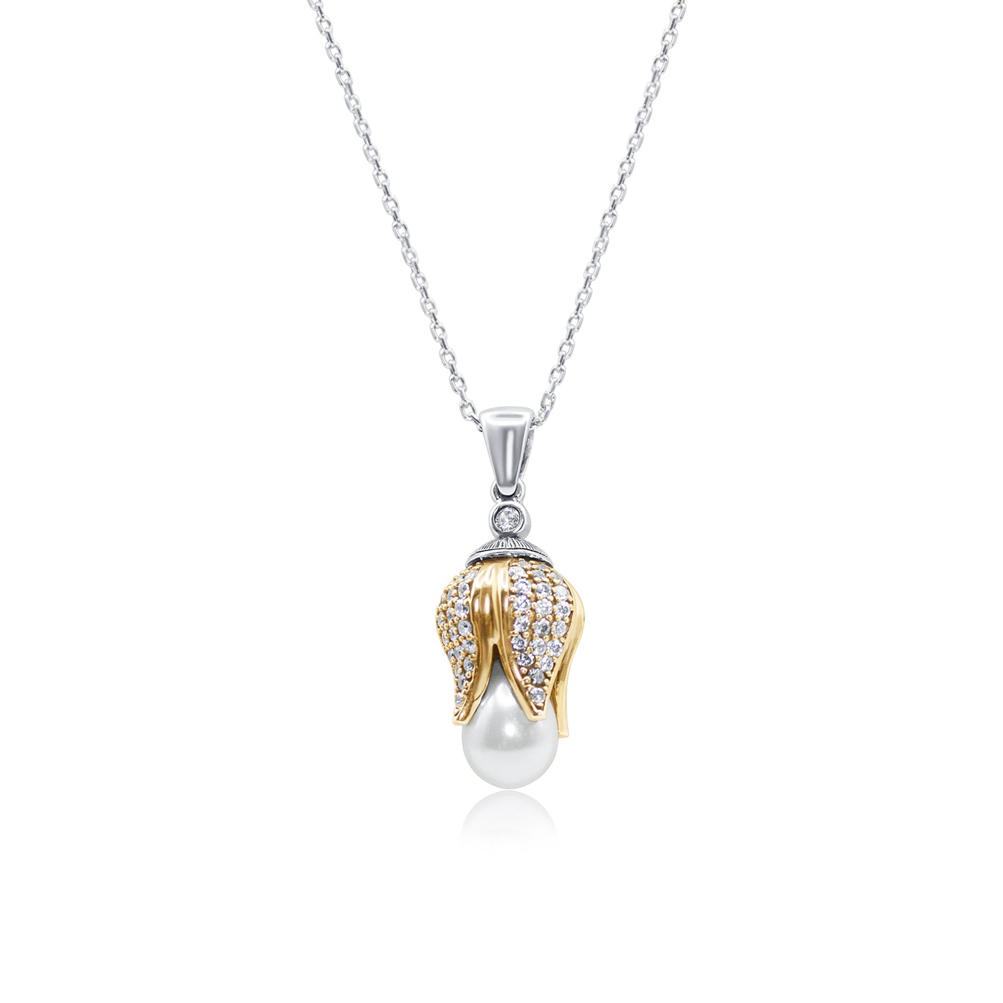 Turkeza | 925 Sterling Silver Tulip Pearl CZ Turkish Necklace