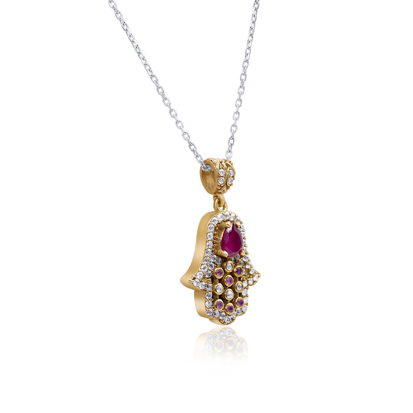 Turkeza | 925 Sterling Silver Ruby Hamsa Pendant Neckalce