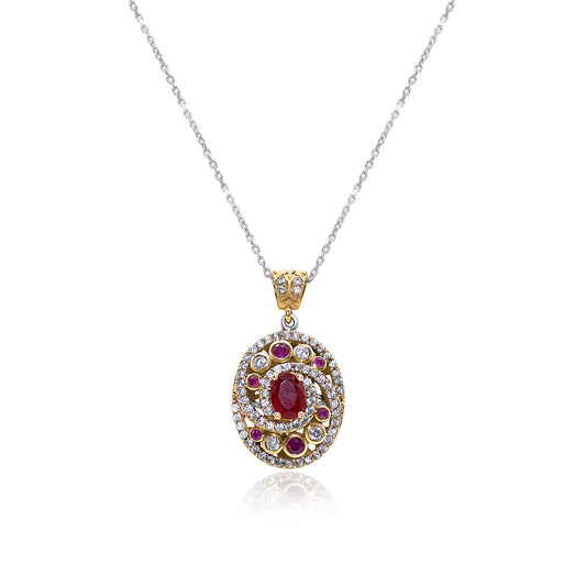 Turkeza | 925 Sterling Silver Ruby CZ Ottoman Design Turkish Necklace