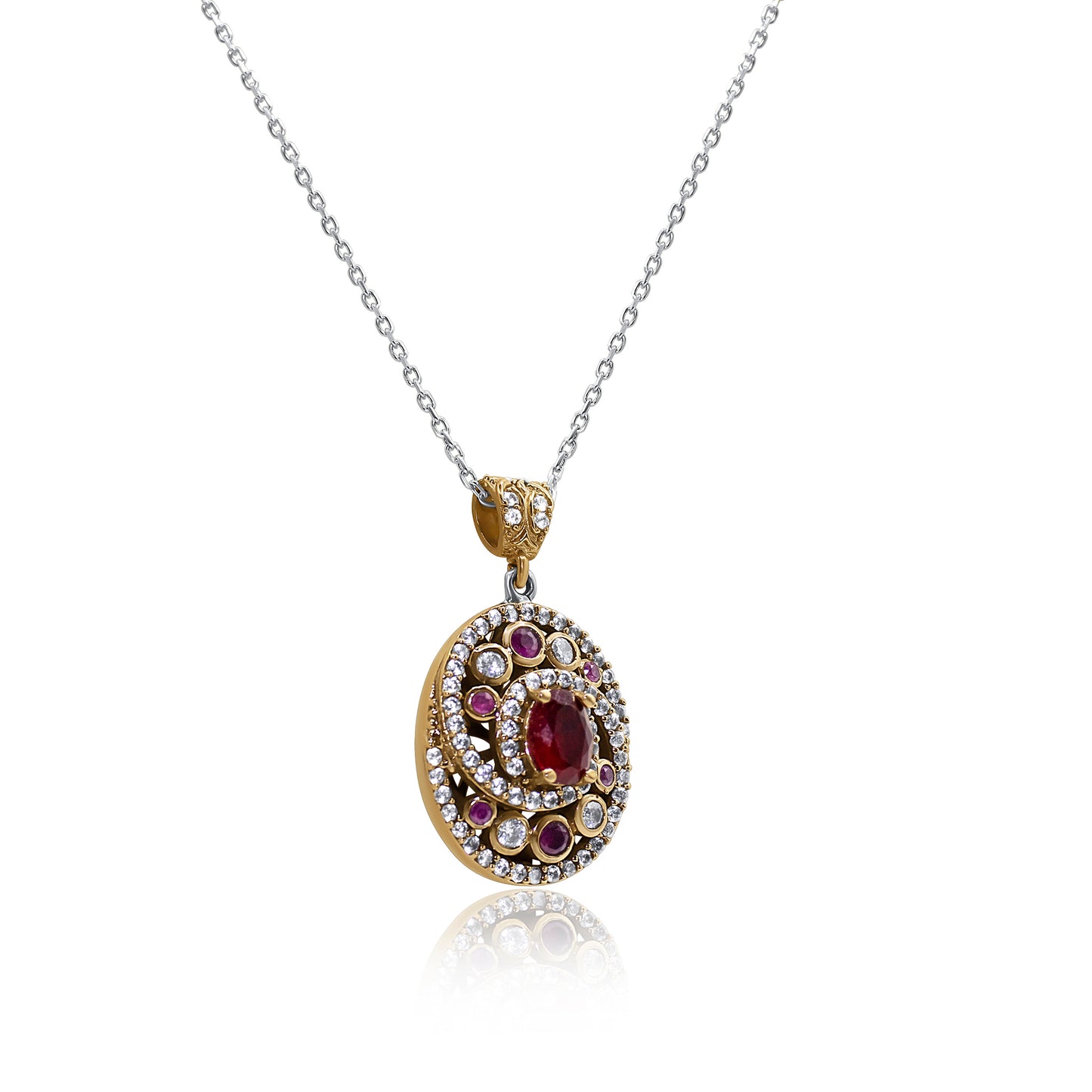 Turkeza | 925 Sterling Silver Ruby CZ Ottoman Design Turkish Necklace