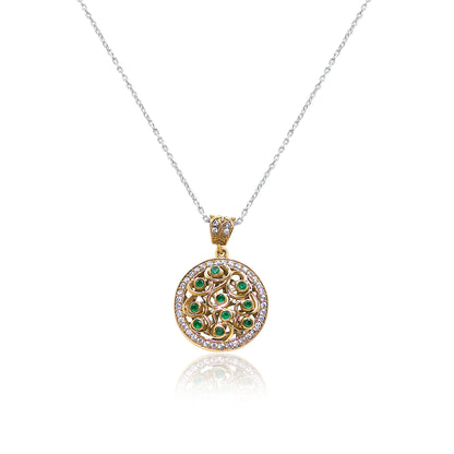 Turkeza | 925 Sterling Silver Circular Emerald Turkish Halo CZ Necklace