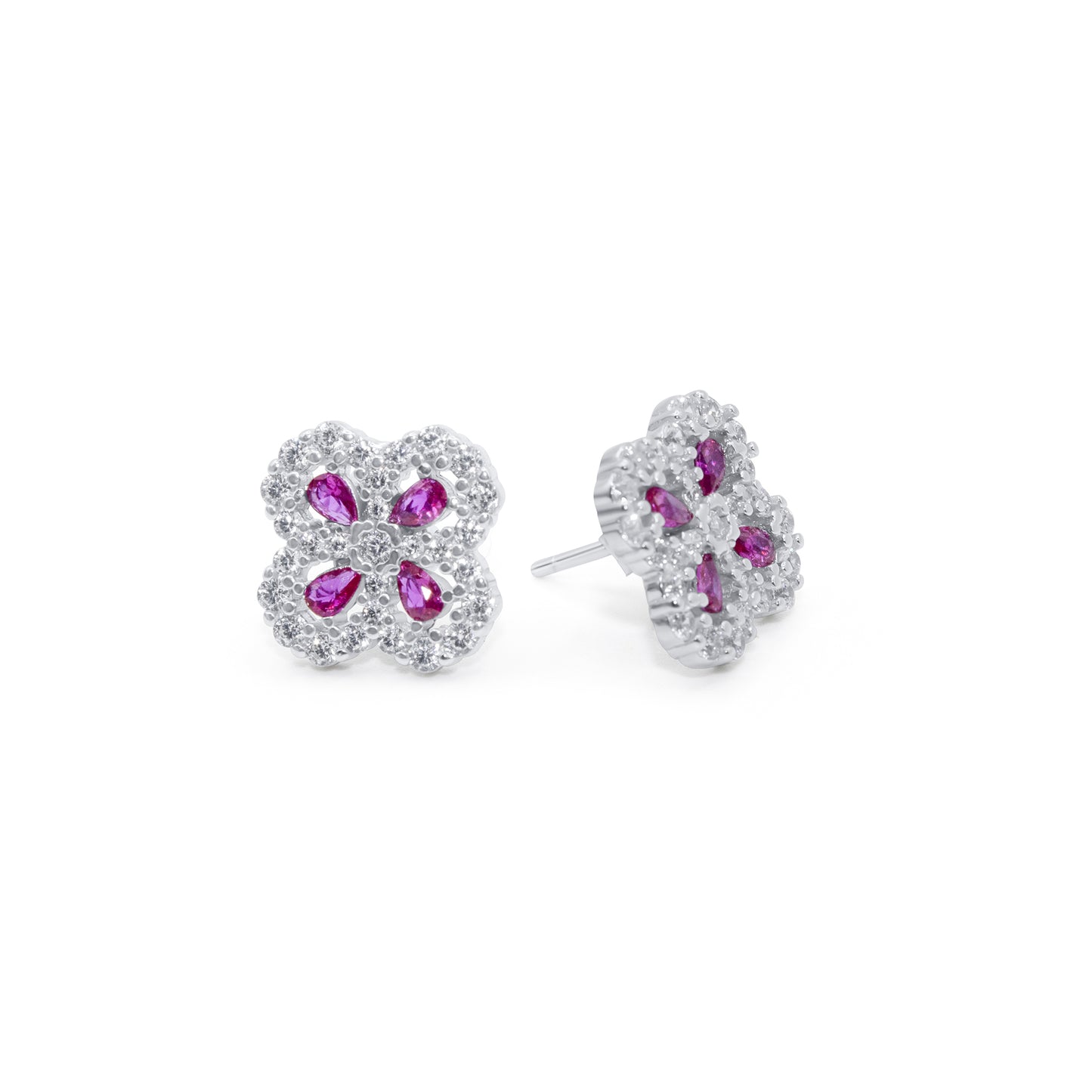 Turkeza | 925 Sterling Silver CZ Ruby Halo Flower Stud Earrings