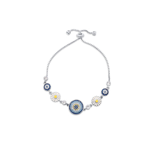 Turkeza | 925 Sterling Silver Daisy Flower and Evil Eye CZ Bracelet