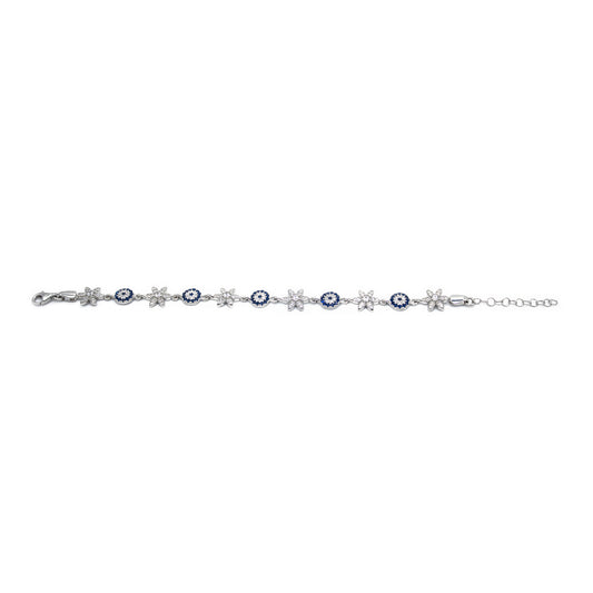 Turkeza | 925 Sterling Silver Evil Eye with Turkish Flower Bracelet