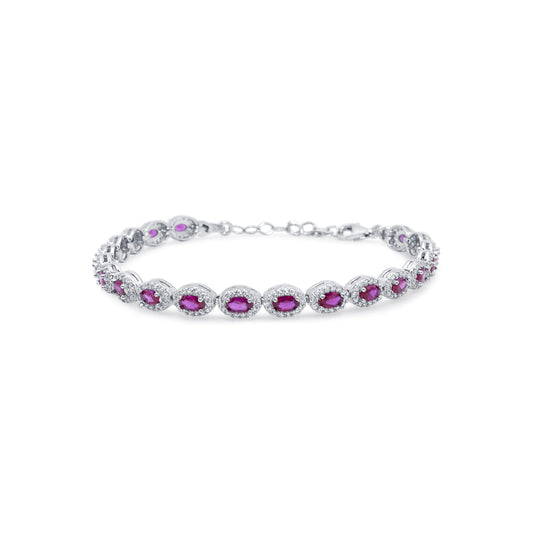 Turkeza | 925 Sterling Silver Ruby Tennis Bracelet with Halo Cubic Zirconia