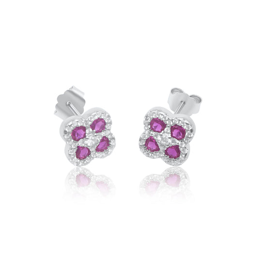 Turkeza | 925 Sterling Silver Small Ruby Halo Flower Stud Earrings